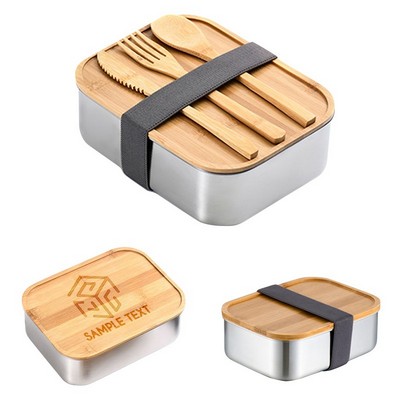 Stainless Steel Lunch Box Set w/ Wood Lid