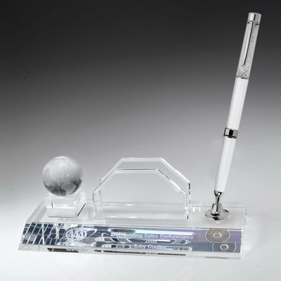 White Ballpoint Globe Pen Set - Crystal Desktop Award w/Business Card Holder