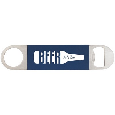 1 1/2" x 7" Navy Blue/White Bottle Opener with Silicone Grip