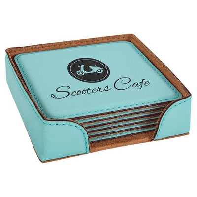 4" x 4" Teal Square Leatherette 6-Coaster Set