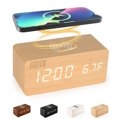 3" 1 Wooden Clock Radio w/Wireless Charger Station