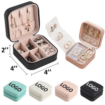 4" Multi-functional PU Leather Jewelry Storage Box Organizer w/Zipper Closure