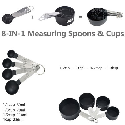 8-in-1 Stainless Steel Handle Measuring Cup and Spoon Set with Engraved Measurement Marks