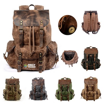Leather Backpack for Men Waxed Canvas Shoulder Rucksack