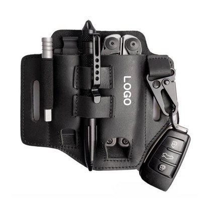 Premium Leather Multitool Belt Sheath EDC Organizer Holster with Key Clip