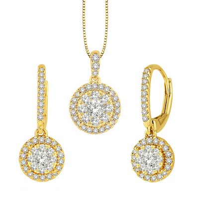 Jilco Inc Diamond Cluster Earring And Necklace Set - Yellow Gold