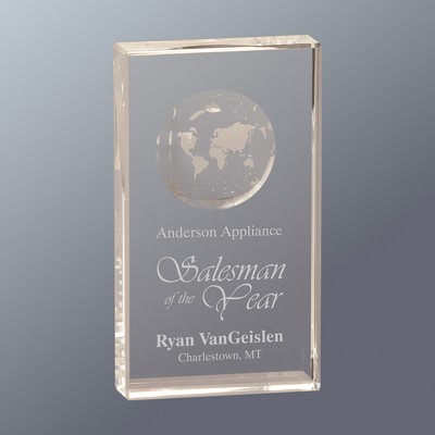 Clear Crystal Rectangle with Globe Etching, Large (4"x 7"H)