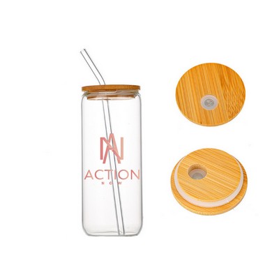 16 Oz. Glass Cups w/ Bamboo Lids & Glass Straw
