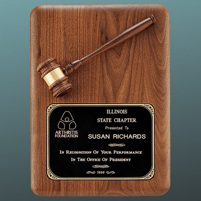Solid Walnut Gavel Plaque with Mounted Walnut Gavel, Black Brass Plate, 11"x15"