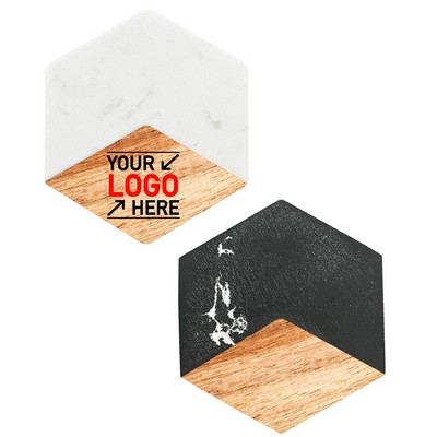 Hexagon Marble Acacia Wood Drink Coaster
