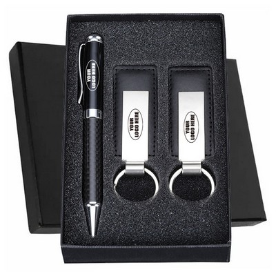 Dual Leatherette Keychains and Ballpoint Pen Gift Set