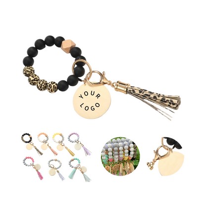 Silicone Bead Wood Bracelet Keychain With Laser Engraving