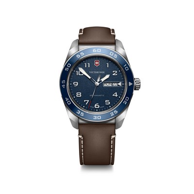 Swiss Army 42mm, silver stainless steel case, blue aluminium bezel, blue dial, brown leather strap