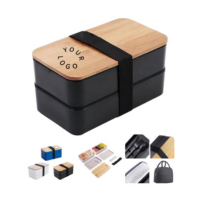 PP Plastic Bento Lunch Box With Bamboo Lid Two Layer Storage 7.5" Length