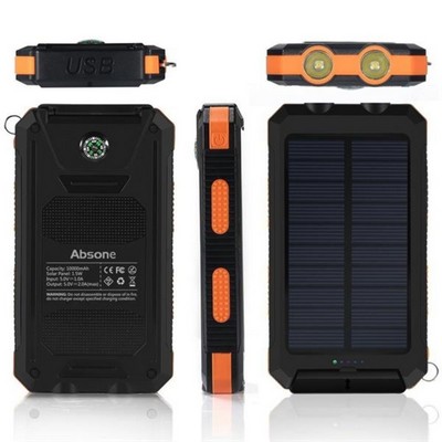 Waterproof Compass Solar Power Bank w/Flashlight 10000mah