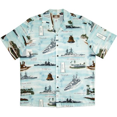 Aqua Blue Hawaiian Tropical Military Print Shirt - Navy Ships Circa WWII - in-stock Sizes: S-3XL