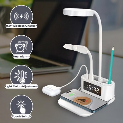 15W Wireless Charger Desk Lamp with Alarm Clock, Pen Holder, and USB/Type-C Output