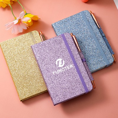 Glitter Notebook A6 Ruled Lines Journal w/Band Pen Loop Hardcover Notebook