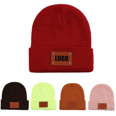 Warmer Beanie With PU Leather Patch