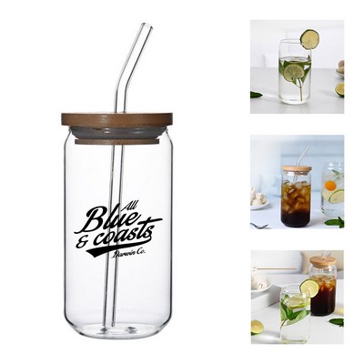 16oz Clear Glass Bottle with Straw and Bamboo Lid