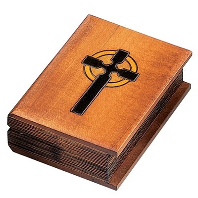Light Brown Wood Book Box w/Cross & Border (5"x3 3/4"x1 5/8")