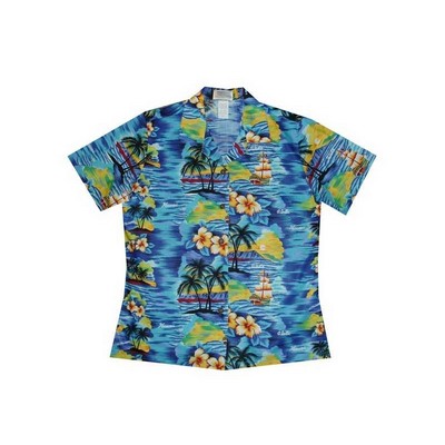 Ladies Navy Hawaiian Cotton Poplin Shirt w/Button Front & Short Sleeves