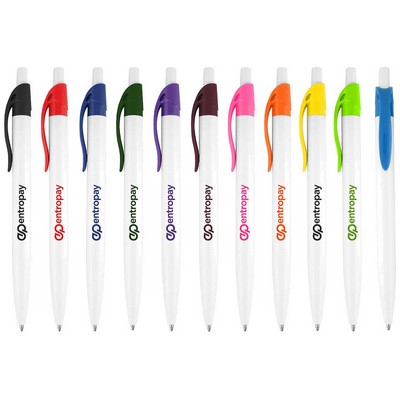 Preston Ballpoint Pen W/ White Barrel & Colored Clip click pen
