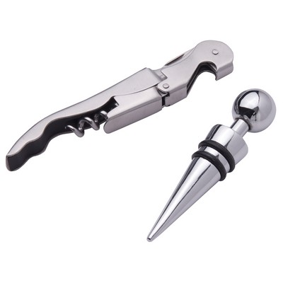 Stainless Steel Wine Opener and Stopper Set w/Wood Case