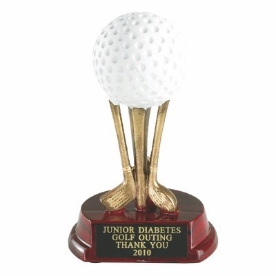 5" Golf Trophy w/Golf Ball on Club Pedestal & Wood Base