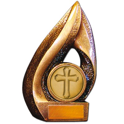 Stock Flame 7" Trophy with 2" Cross Coin, Engraving Plate