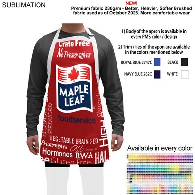 Domestic made Bib Apron, 25x28, No pockets, Adjustable Neck, Sublimated, White or Stock Colored Ties