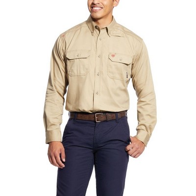 FR Khaki Solid Long Sleeve Work Shirt
