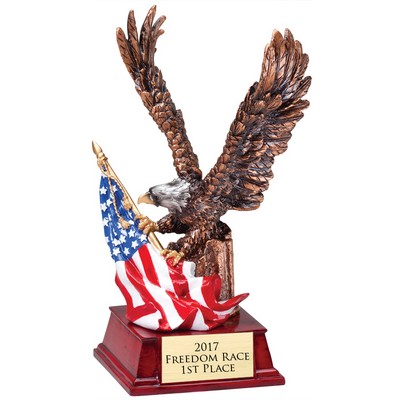 9 ¼" Antique Brass Resin Eagle Trophy w/Hand Painted American Flag