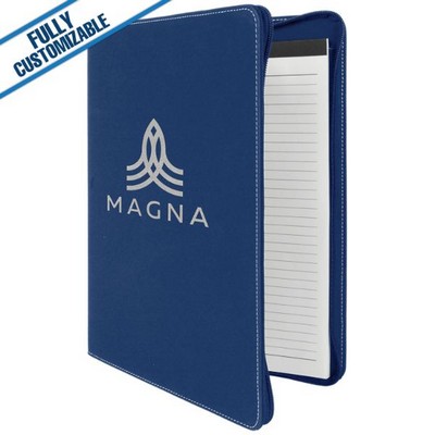 Blue & Silver Leatherette - 9.5X12" Zip Portfolio Folder With Notepad