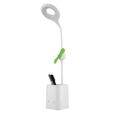 Rechargeable Desk Top Lamp With Pen Holder Base And Mini Fan