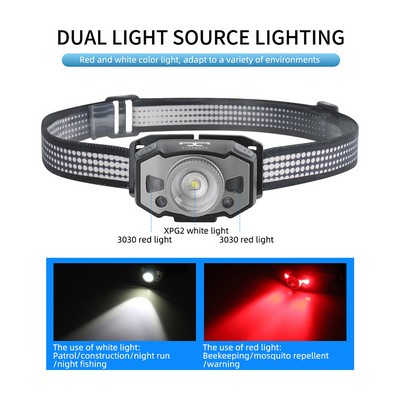 LED Headlamp with Motion Sensor – 1200mAh Rechargeable, White/Red Light, IPX5 Waterproof