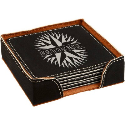 Square Coaster Set with 6 pcs, Black Faux Leather, Engraved, 4" x 4"