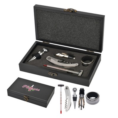 Five Piece Wine Opener Set W/Black Wood Case