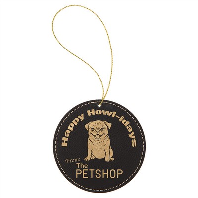 Black/Gold Leatherette Round Ornament with Gold String