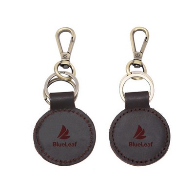 Debossed Round Full Grain Leather Car Keychain