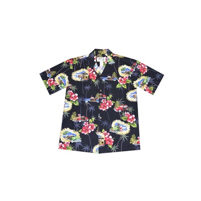 Black Christmas Hawaiian Cotton Poplin Shirt w/Button Front & Short Sleeves