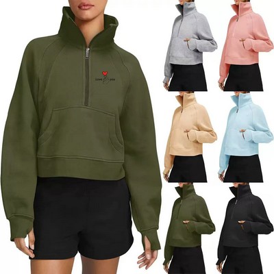 Half Zip Cropped Fleece Sweatshirt Pullover