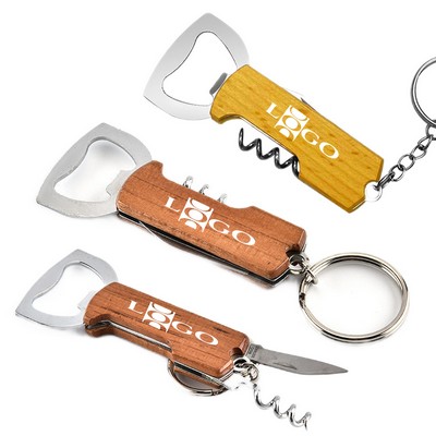 Multifunctional Wooden Handle Bottle Opener Keychain