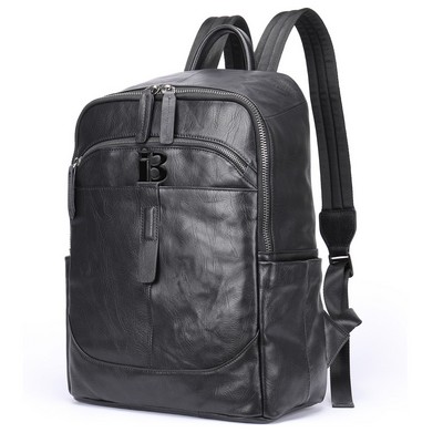 Men Genuine Leather Double Zipper Waterproof Backpack