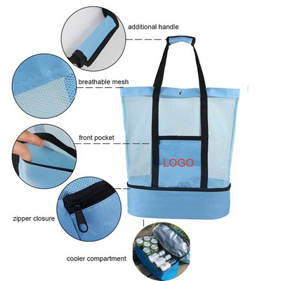 Mesh Beach Tote Bag with Insulated Cooler Compartment