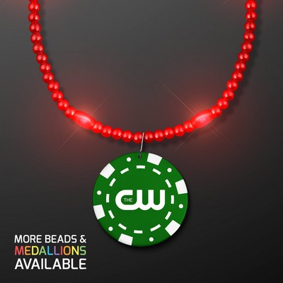 Red LED Bead Necklace with Green Poker Chip Medallion - PRINTED
