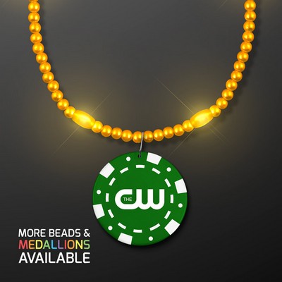 Yellow LED Bead Necklace with Green Poker Chip Medallion - PRINTED