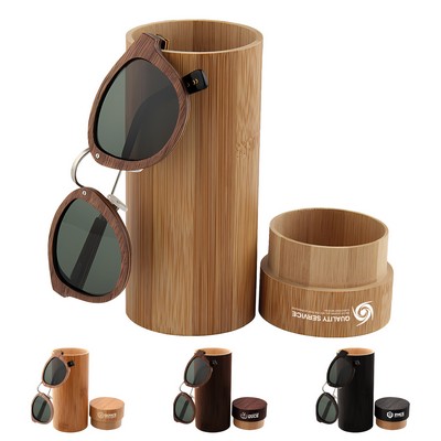 Fashionable Laser Engraved Bamboo Sunglasses With Cylindrical Case (MOQ: 100 Sets )
