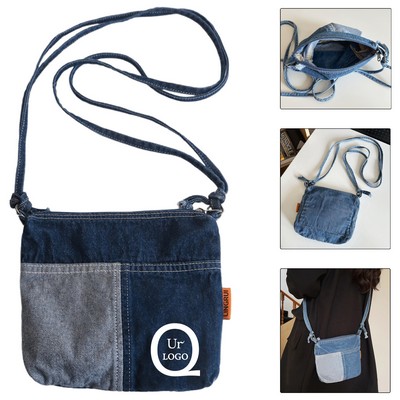 9.1 X 7.5" Denim Square Phone Pouch Bag W/ Denim-Zip