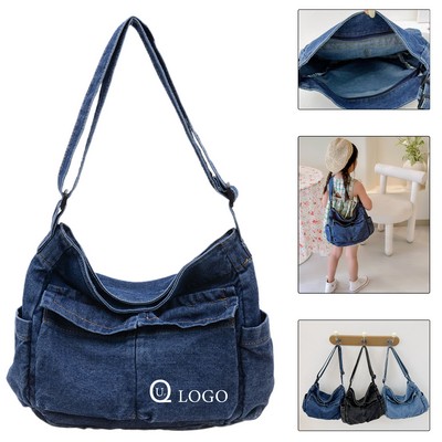 10.2 X 9.8" Denim Shoulder Bag W/ Wide Strap